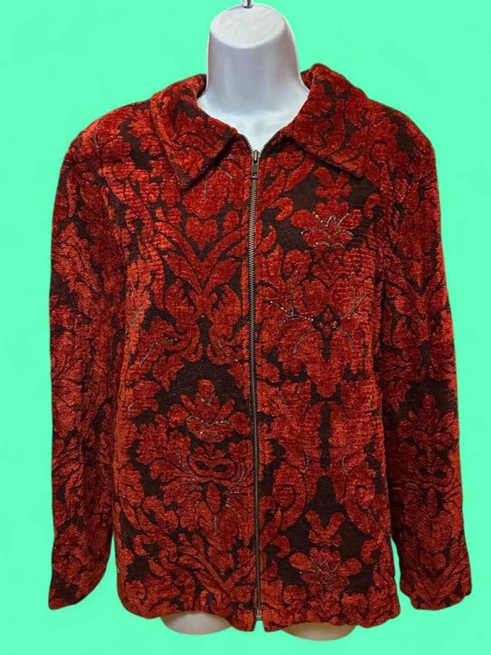 Vintage 90s/Y2K Indigo Moon red/black floral tapestry zip up jacket